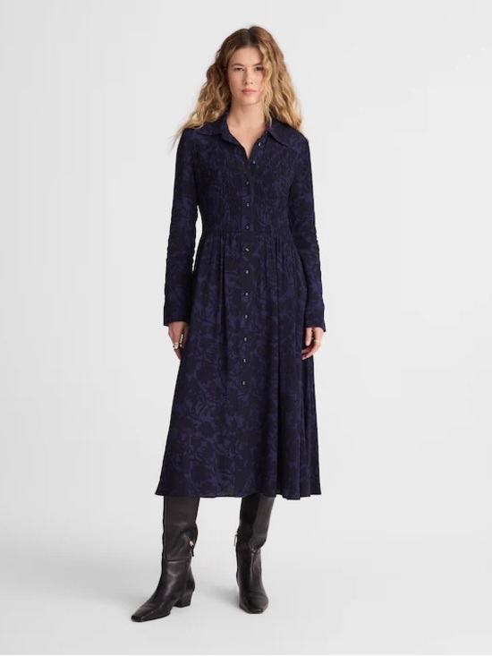Madewell Dresses & Skirts - Madewell Smocked Midi Long Sleeve Shirtdress Alexis Dark Floral Navy sz 6